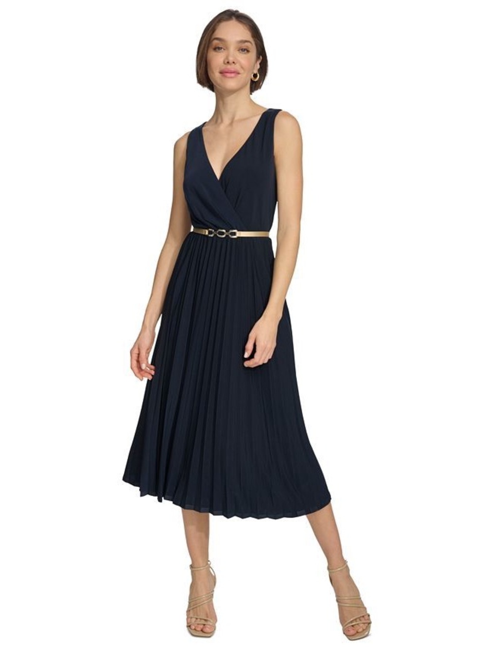 Tommy Hilfiger Navy Sleeveless Midi Dress with Slim Gold Belt - FLATTERING!